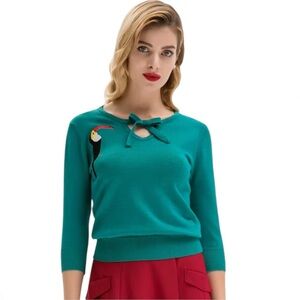 Belle Poque Retro Toucan bird vibrant teal Embroidered bow-tie neck Knit Sweater